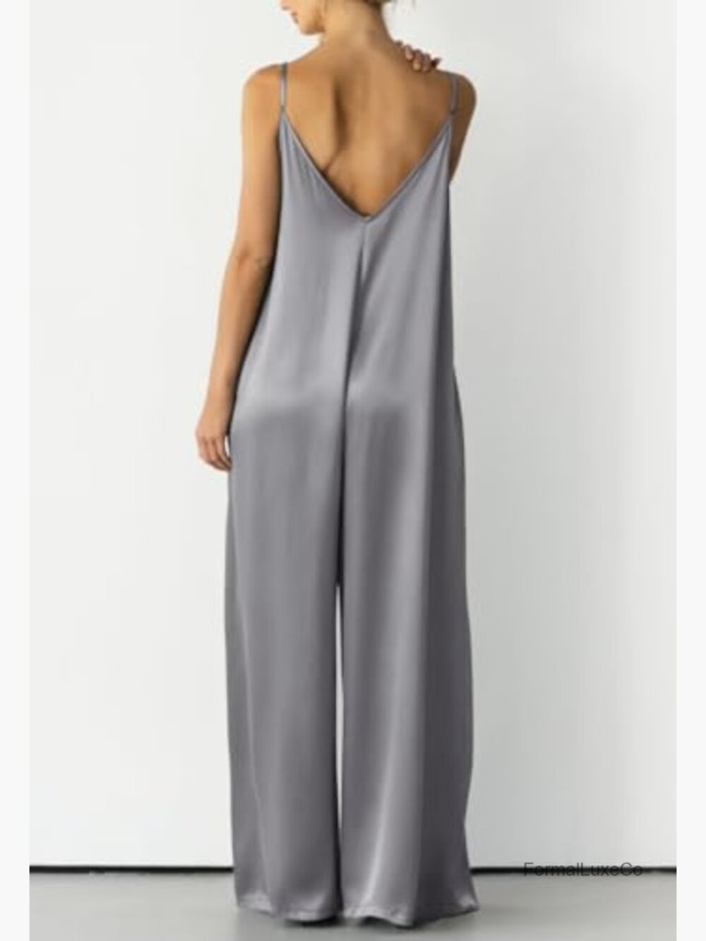 Satin Wide Leg Jumpsuit Spaghetti Strap Date Night Romper Flowy One Piece - Picture 3 of 7